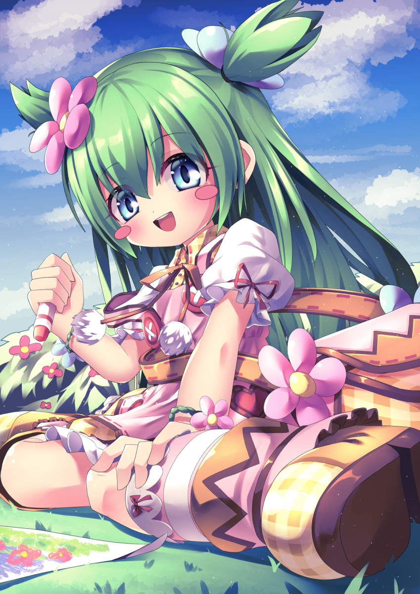 1girl, bag, blue_eyes, blue_sky, boots, drawing_(action), dress, emil_chronicle_online
