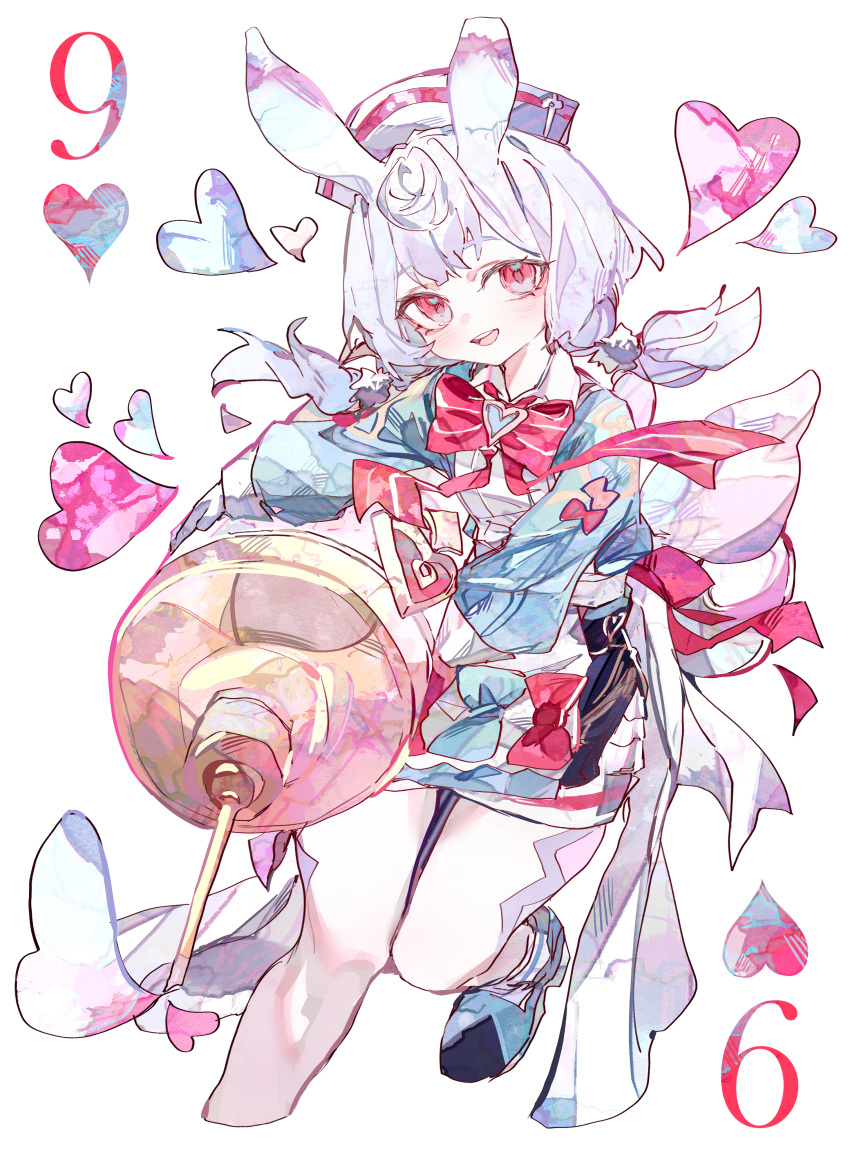 1girl, absurdres, animal_ears, aqua_dress, bow, bowtie, card, cocoballking