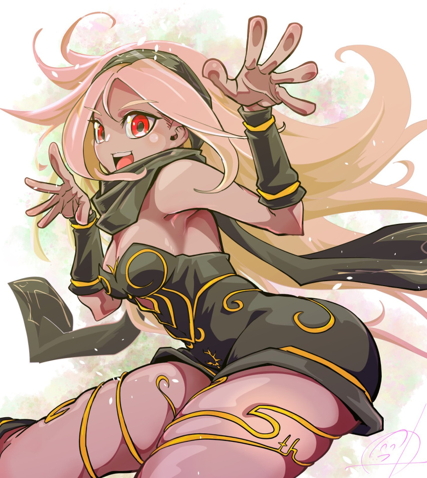 1girl, anniversary, bare_shoulders, black_scarf, blonde_hair, breasts, dark-skinned_female, dark_skin