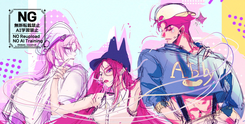 1girl, 2boys, abby_(kpop_demon_hunters), abs, alternate_costume, armpits, arms_behind_back, arms_up