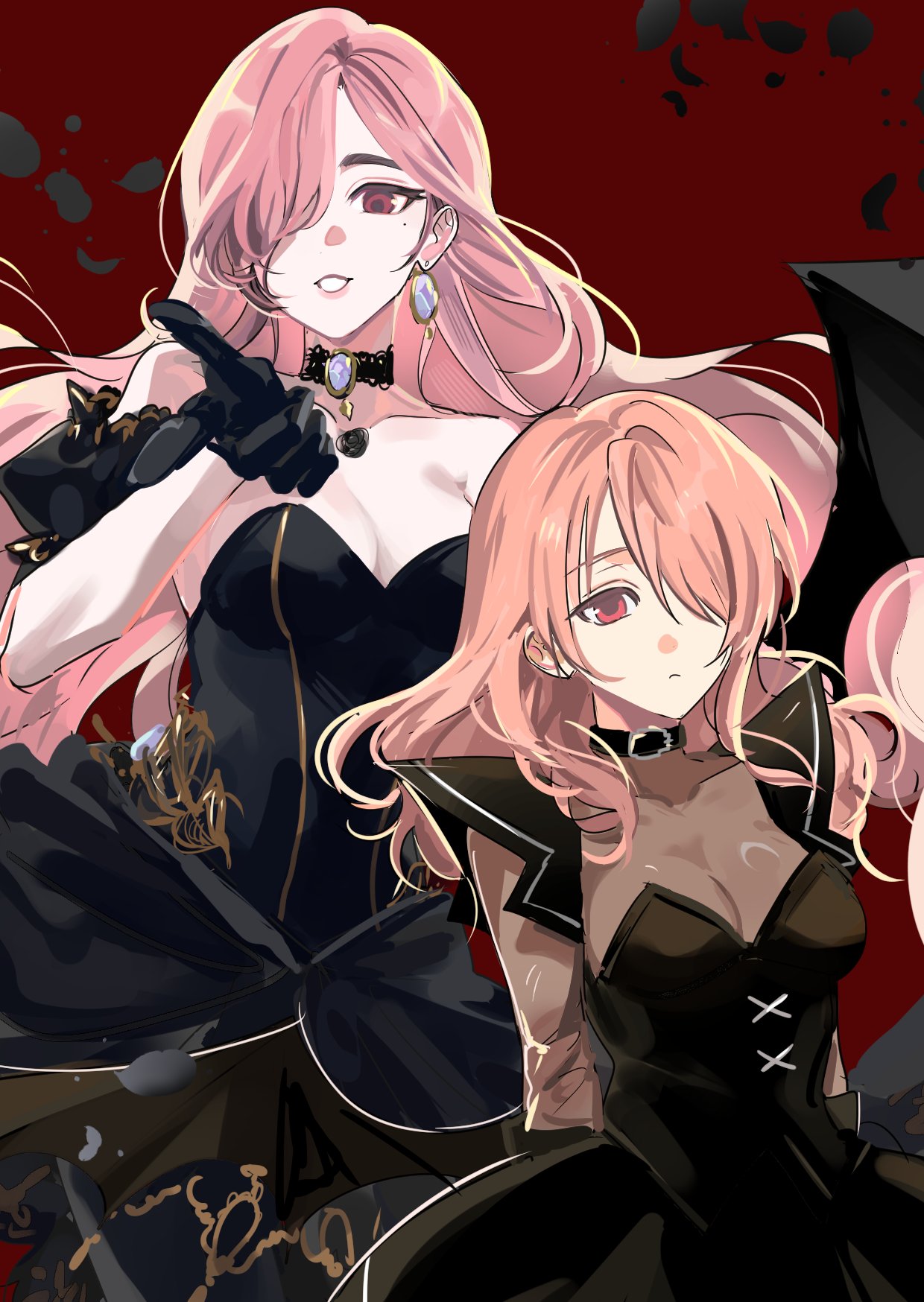 black_dress, demon_girl, demon_wings, dress, hair_over_one_eye, highres, kristell_(mabinogi), mabinogi