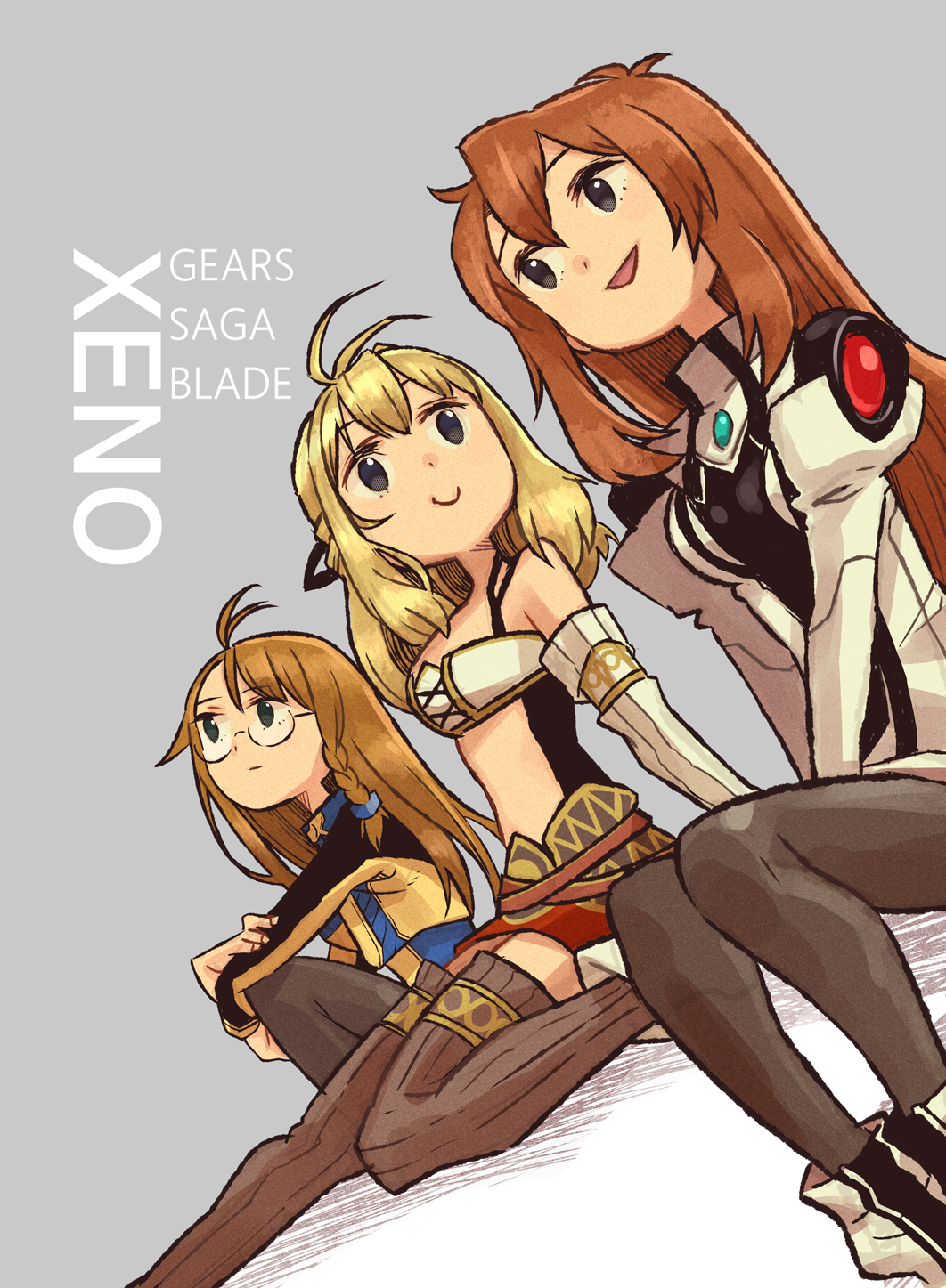 3girls, blonde_hair, brown_hair, closed_mouth, commentary_request, copyright_name, elhaym_van_houten, eushima_(sgr)