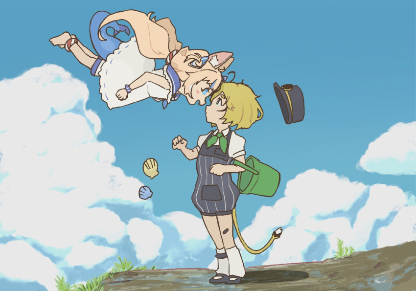 2girls, ahoge, animal_ears, barefoot, blonde_hair, blue_bow, blue_eyes, blue_hair, blue_hat, blue_overalls, blue_scrunchie, blue_sky, bow, cat_ears, closed_mouth, clouds, dooby_(vtuber), dress, fins, fish_girl, fish_tail, hair_bow, hat, indie_virtual_youtuber, lifebuoy_hair_ornament, long_hair, low_twintails, mouse_girl, mouse_tail, multicolored_hair, multiple_girls, one_side_up, open_mouth, overalls, sameko_saba, scrunchie, shirt, sky, sleeplessrhythm, sleeveless, sleeveless_dress, socks, streaked_hair, tail, twintails, very_long_hair, virtual_youtuber, white_dress, white_shirt, white_socks