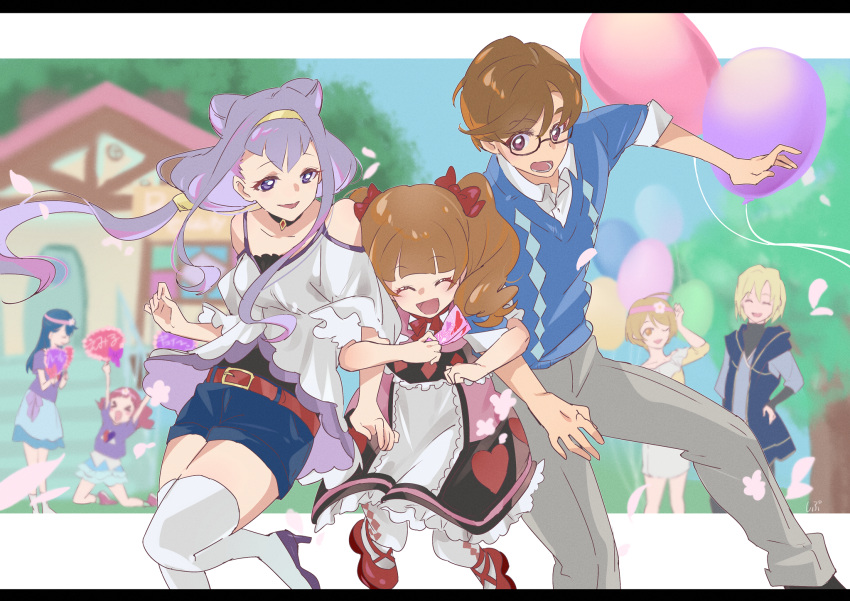 >_<, 2boys, 5girls, ^_^, aisaki_emiru, aisaki_masato, apron, argyle_clothes