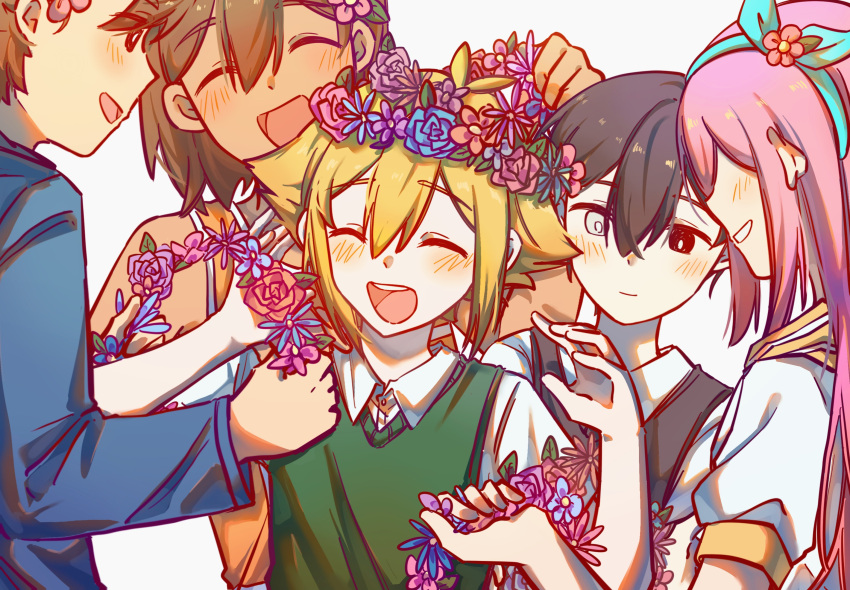 1girl, 4boys, antenna_hair, aubrey_(faraway)_(omori), aubrey_(omori), bailan1130, basil_(faraway)_(omori), basil_(omori)