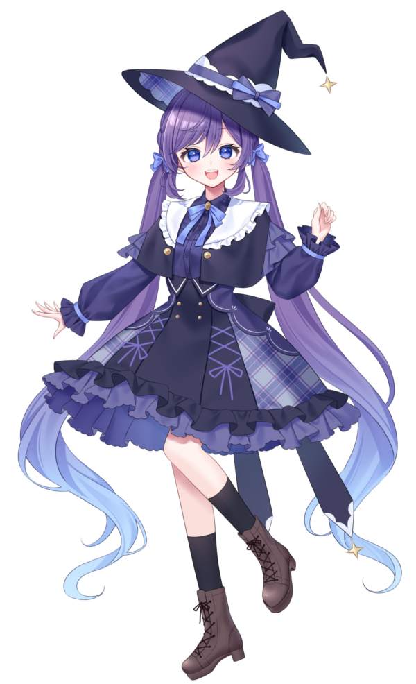 1girl, :d, black_hat, black_socks, blue_hair, blush, bond_en, bondlive