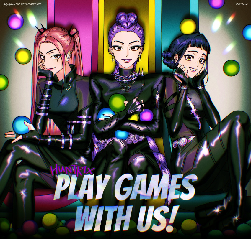 3girls, ball, black_suit, bodysuit, braid, brown_eyes, crossed_arms, crossed_legs, djqdjrkeh, double_bun, english_commentary, friends, hair_bun, hair_ornament, hair_up, hands_on_own_cheeks, hands_on_own_face, happy, head_rest, head_tilt, highres, indoors, kpop_demon_hunters, leather_suit, light_particles, long_braid, long_hair, looking_at_viewer, looking_to_the_side, mira_(kpop_demon_hunters), multiple_girls, parted_bangs, parted_lips, pink_lips, purple_hair, rumi_(kpop_demon_hunters), short_bangs, single_braid, sitting, slide, smile, smirk, spot_color, spotlight, suit, twintails, wide-eyed, zoey_(kpop_demon_hunters)