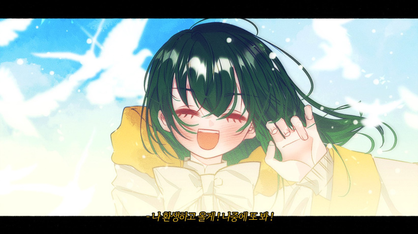 1girl, blue_sky, green_hair, hand_wave, happy, highres, hood, korean_text, long_hair, long_sleeves, mabinogi, ribbon, sana_hias, sky, tanilliem_(mabinogi)