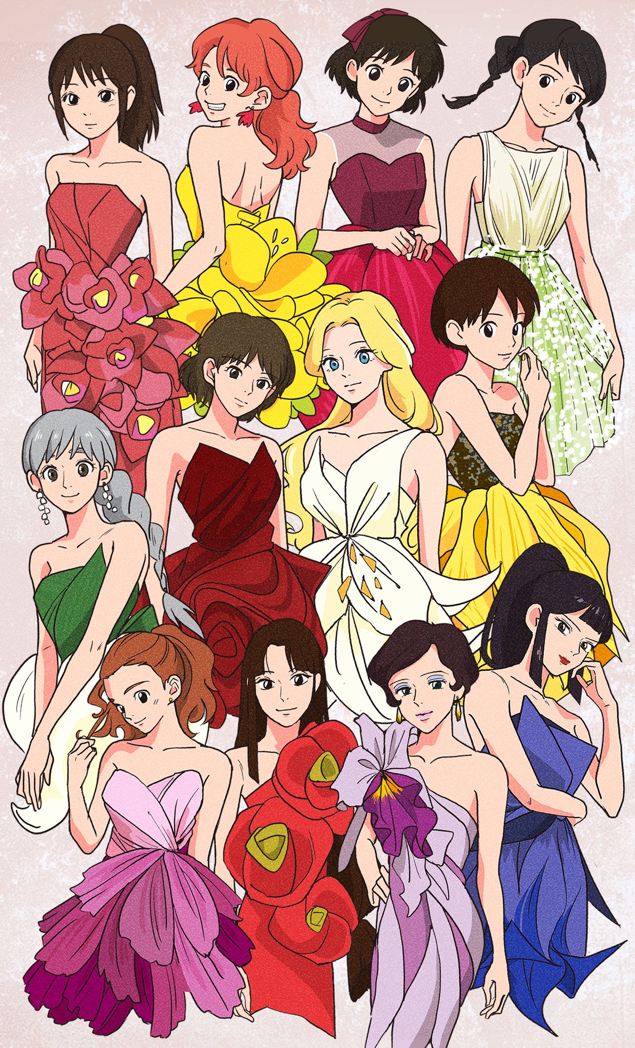 6+girls, arrietty, bare_shoulders, blonde_hair, blue_dress, blue_eyes, blunt_bangs, braid