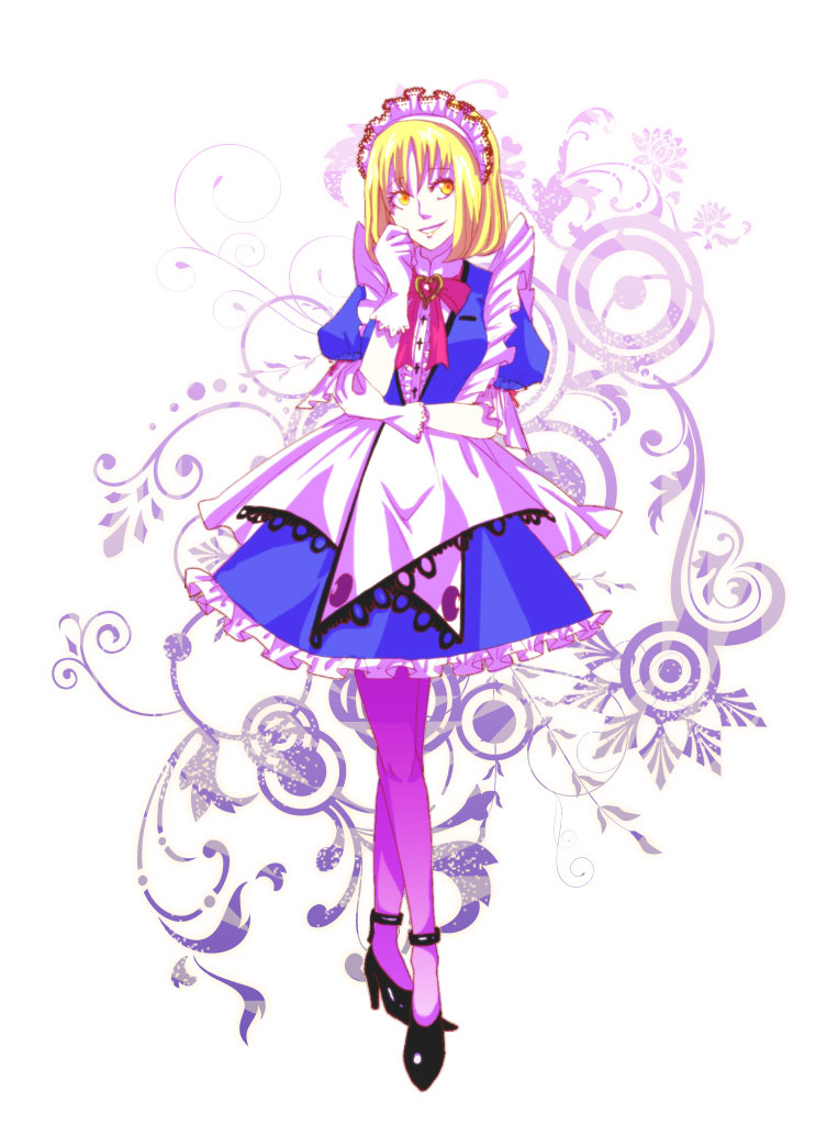 blonde_hair, brooch, frills, gloves, grin, heart, high_heels, jewelry