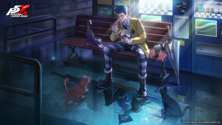 1boy, absurdres, animal, artist_request, black_boots, black_hat, blue_hair, boots
