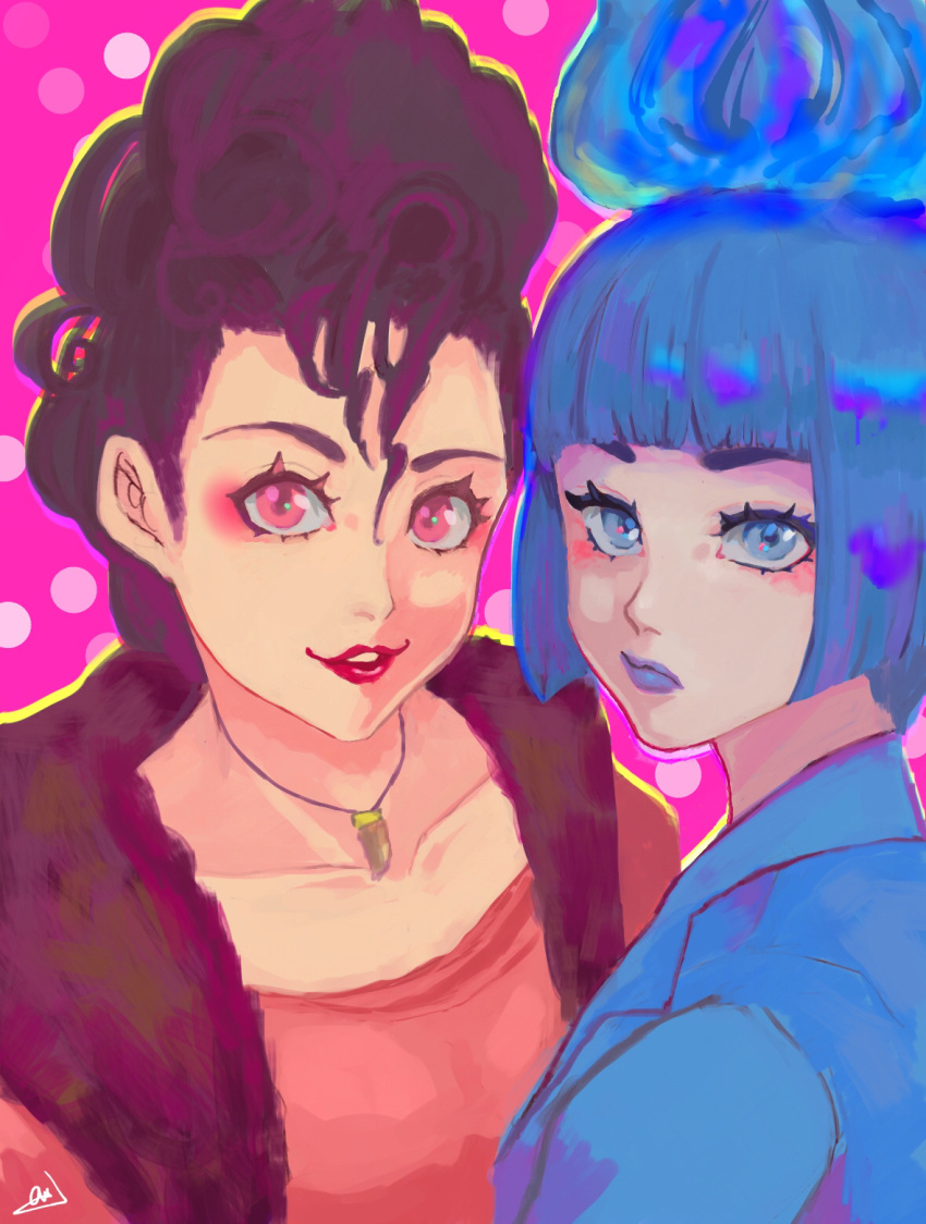 2girls, animification, ao-illust, blue_fire, blue_hair, blue_lips, closed_mouth, disneyland