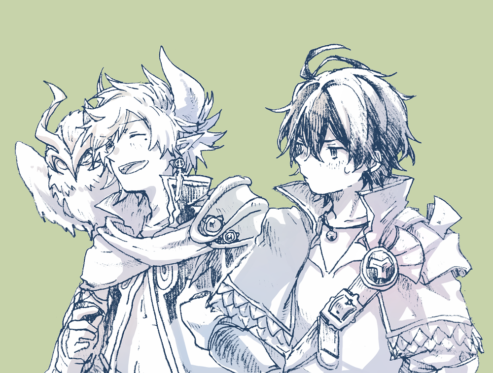 2boys, :d, ahoge, aldo_(another_eden), animal_on_shoulder, another_eden, armor, asymmetrical_horns, bell, bird, bird_on_shoulder, blush, capelet, closed_eyes, collarbone, collared_capelet, commentary_request, demon_boy, demon_horns, double-parted_bangs, dunarith_(another_eden), earrings, green_background, greyscale_with_colored_background, hair_between_eyes, hand_on_own_hip, hatching_(texture), horns, jewelry, jingle_bell, laughing, linear_hatching, long_pointy_ears, long_sleeves, looking_at_another, looking_to_the_side, male_focus, michibata_65, mole, mole_under_eye, multiple_boys, necklace, open_mouth, owl, parted_bangs, pauldrons, pendant, pointy_ears, popped_collar, shirt, short_hair, shoulder_armor, shoulder_belt, side-by-side, sideways_glance, simple_background, single_pauldron, smile, sweatdrop, uneven_horns, upper_body, v-neck
