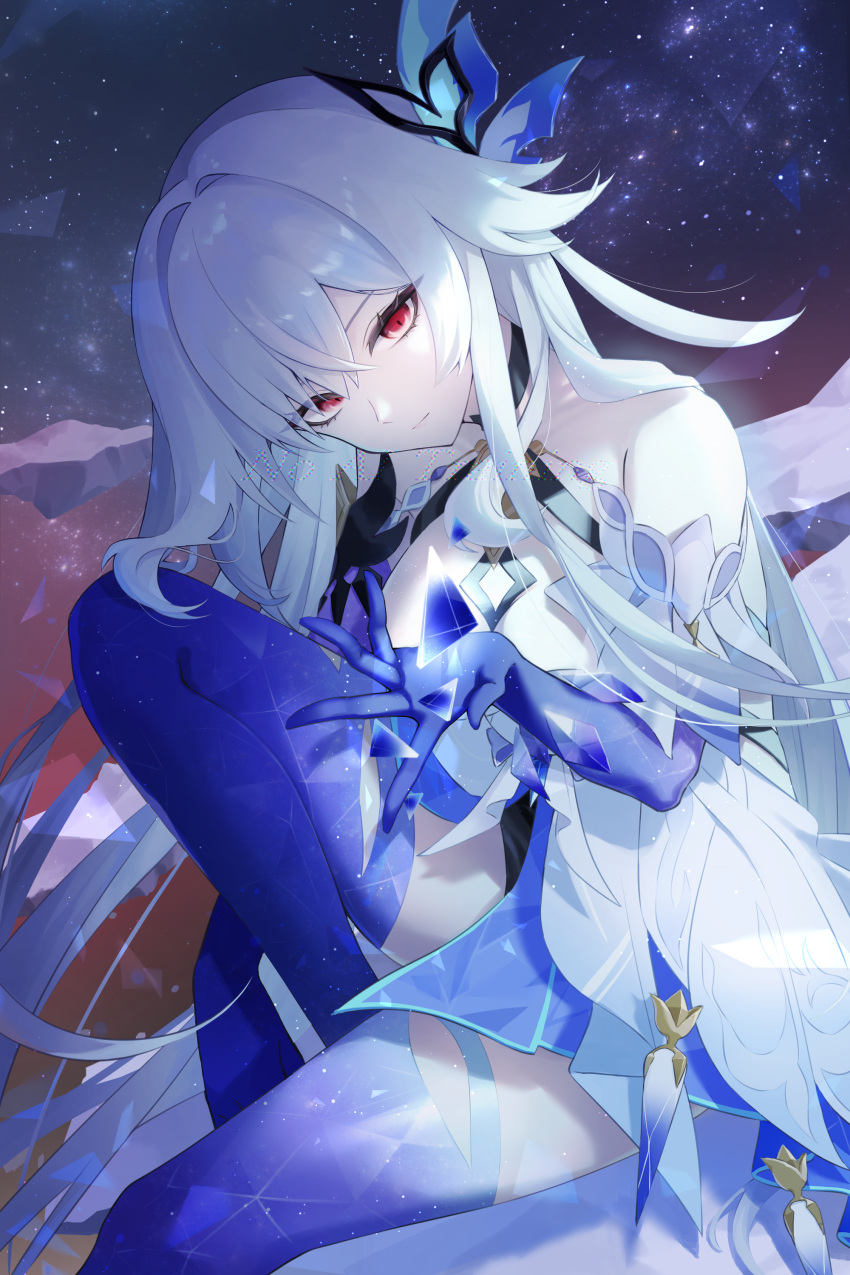 1girl, absurdres, bare_shoulders, between_breasts, breasts, closed_mouth, commentary, crossed_bangs, crystal, crystal_shards, diamond-shaped_pupils, diamond_(shape), dress, dutch_angle, expressionless, floating_hair, genshin_impact, glass_shards, hair_between_eyes, hair_ornament, halter_dress, halterneck, hand_up, head_tilt, highres, knee_up, light_particles, long_hair, looking_ahead, mapmap, night, night_sky, object_floating_above_hand, prosthesis, prosthetic_arm, prosthetic_leg, red_eyes, short_dress, sitting, skirk_(genshin_impact), sky, solo, star_(sky), starry_sky, symbol-shaped_pupils, very_long_hair, white_dress, white_hair