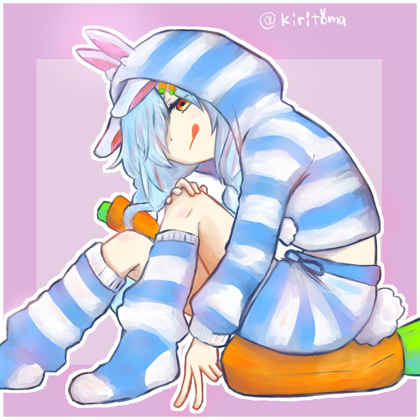 1girl, animal_ear_fluff, animal_ears, animal_hood, blue_hair, border, braid, carrot_hair_ornament