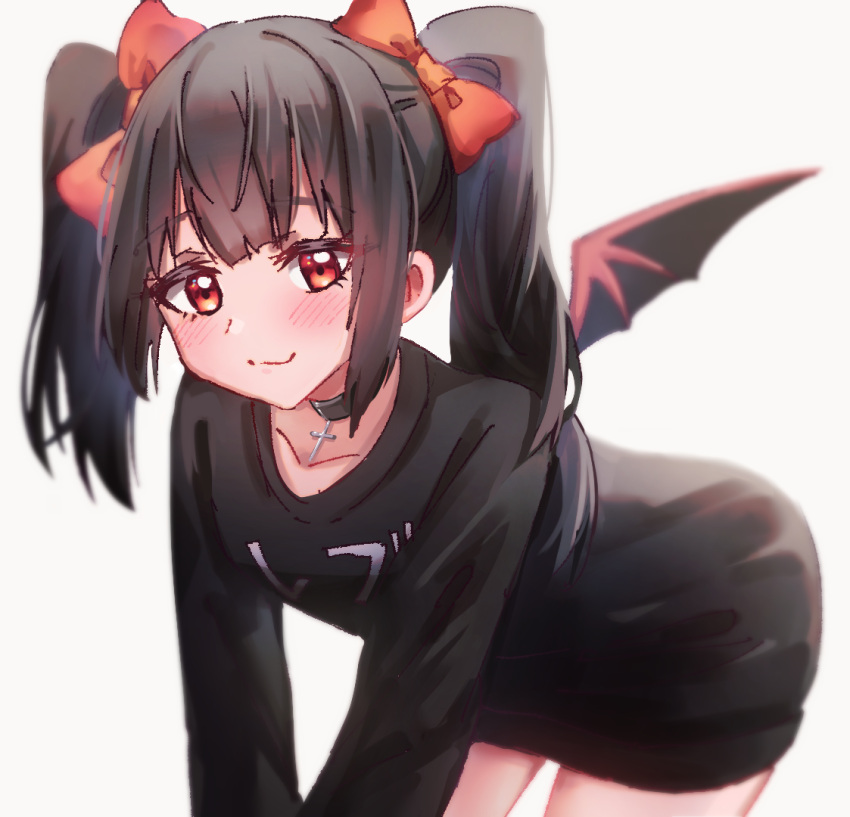 1girl, bat_wings, black_dress, black_hair, black_sweater, blush, breasts, choker, closed_mouth, cross, cross_necklace, dress, fangs, hair_ribbon, indie_virtual_youtuber, jewelry, karses, leaning_forward, long_sleeves, looking_at_viewer, necklace, official_art, red_eyes, rev_says_desu, ribbon, small_breasts, smile, sweater, thigh-highs, thighs, twintails, virtual_youtuber, wings
