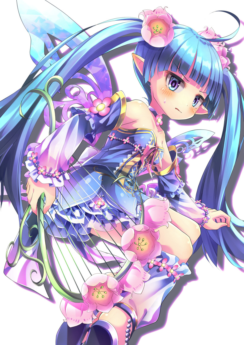 ahoge, bare_shoulders, blue_eyes, blue_hair, breasts, dress, emil_chronicle_online, fairy_wings