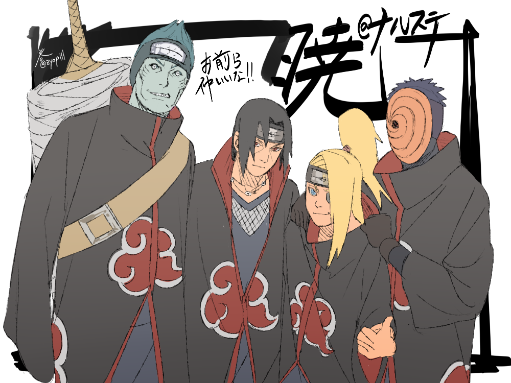 4boys, akatsuki_uniform, black_hair, blonde_hair, blue_skin, colored_skin, deidara_(naruto), forehead_protector