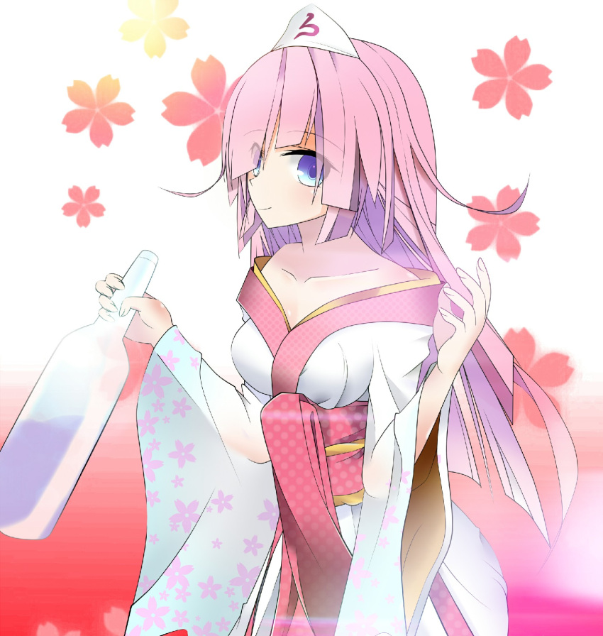 bare_shoulders, blue_eyes, bottle, emil_chronicle_online, from_side, furisode, hair_ornament, highres