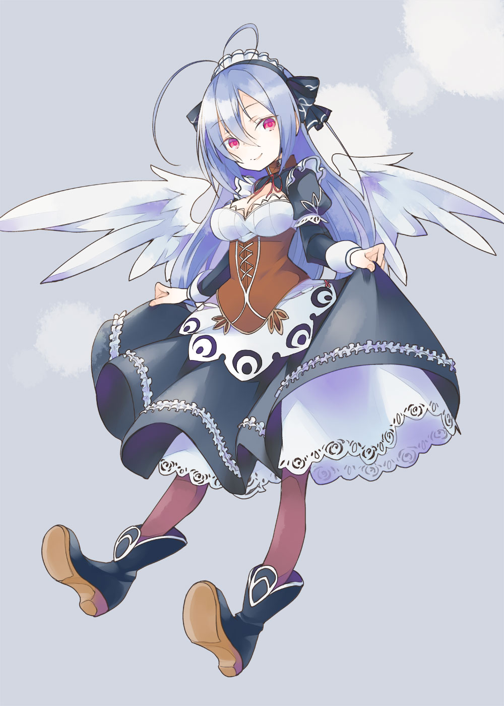 ahoge, black_boots, black_ribbon, black_skirt, boots, corset, emil_chronicle_online, frills, hair_ribbon, highres, long_hair, maid, maid_headdress, mitama_kyrie, pantyhose, ribbon, simple_background, skirt, skirt_hold, tsukasa_takashi, white_hair, white_wings, wings