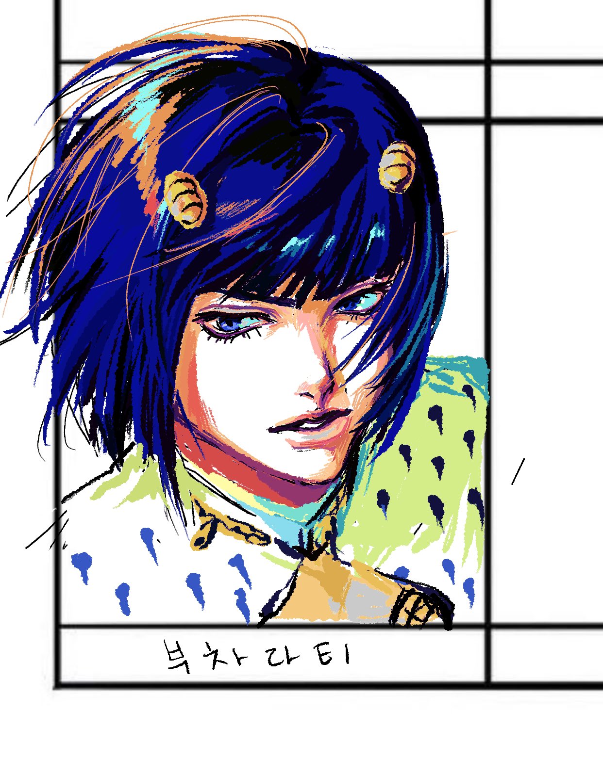 1boy, blue_hair, blunt_bangs, bruno_bucciarati, clothing_cutout, commentary_request, eyelashes, highres