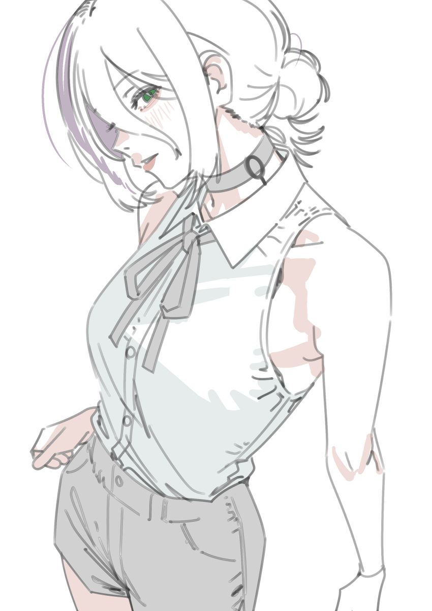 1girl, absurdres, alternate_hair_color, black_choker, black_shorts, breasts, chainsaw_man, choker