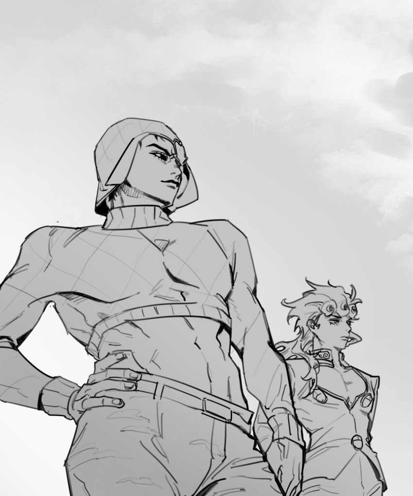 2boys, belt, belt_buckle, buckle, cleavage_cutout, closed_mouth, clothing_cutout, collared_jacket, commentary, contrapposto, cowboy_shot, cropped_shirt, english_commentary, fingernails, giorno_giovanna, greyscale, guido_mista, hair_rings, hand_on_own_hip, hat, highres, jacket, jojo_no_kimyou_na_bouken, linea_alba, long_hair, long_sleeves, looking_ahead, male_focus, midriff, monochrome, multiple_boys, pants, sengsengmurim, standing, toned, toned_male, turtleneck, vento_aureo