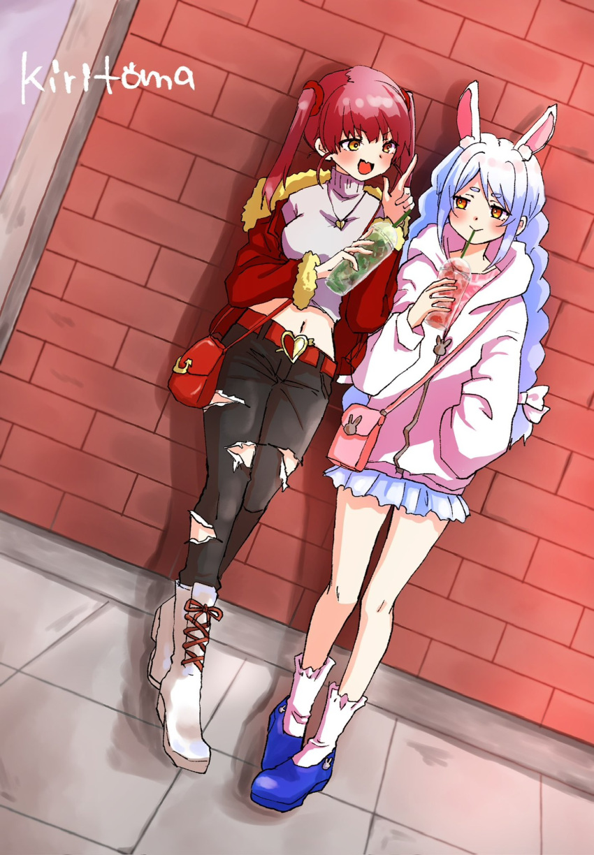 2girls, :d, animal_ear_fluff, animal_ears, bag, belt, belt_buckle, black_pants