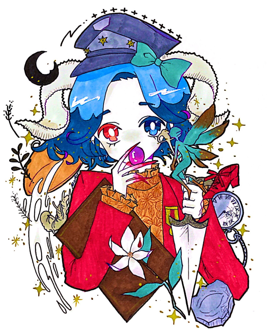 1girl, 66mmnmm66, blue_hair, book, bow, bright_pupils, dagger, fairy
