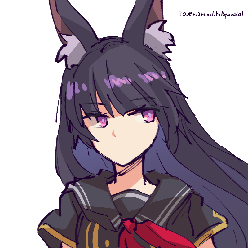 1girl, alonemistrist, animal_ear_fluff, animal_ears, black_hair, black_sailor_collar, black_shirt, blunt_bangs