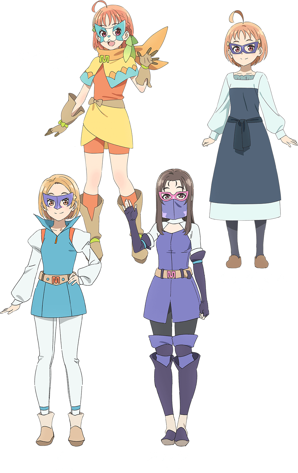4girls, :d, ahoge, black_gloves, black_pantyhose, blue_mask, boots, braid