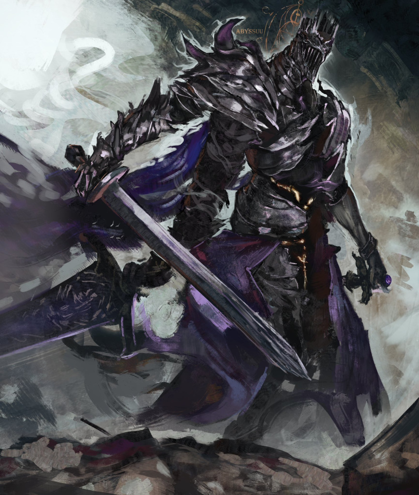 1other, abyssmalenia, armor, blue_cape, bracelet, cape, elden_ring, elden_ring_nightreign, extra_arms, feet_out_of_frame, great_rune_(elden_ring), greatsword, helmet, heolstor_the_nightlord, highres, holding, holding_sword, holding_weapon, jewelry, pauldrons, reverse_grip, shoulder_armor, sigil, solo, spiked_helmet, spiked_pauldrons, standing, sword, triple_wielding, weapon