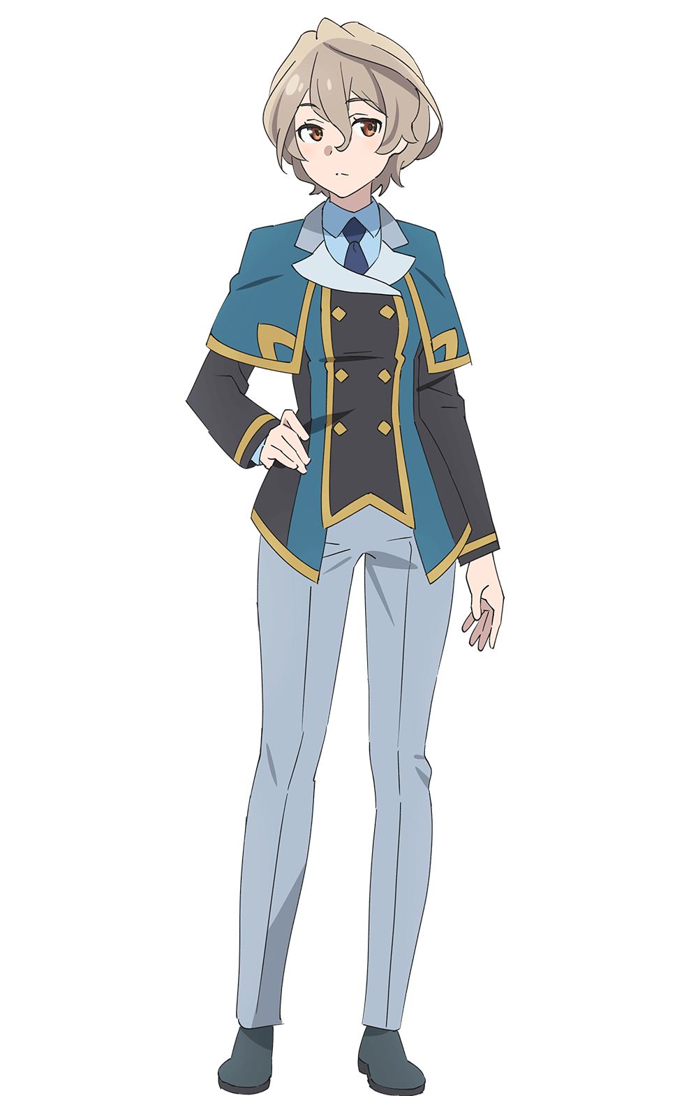 1girl, black_necktie, black_shoes, blue_capelet, blue_jacket, blue_shirt, buttons, capelet, closed_mouth, collared_shirt, double-breasted, frown, full_body, genjitsu_no_yohane, grey_hair, grey_pants, hand_on_own_hip, highres, jacket, kohaku_(genjitsu_no_yohane), long_sleeves, love_live!, love_live!_sunshine!!, necktie, official_art, orange_eyes, pants, shirt, shoes, short_hair, simple_background, solo, split_mouth, standing, tachi-e, transparent_background