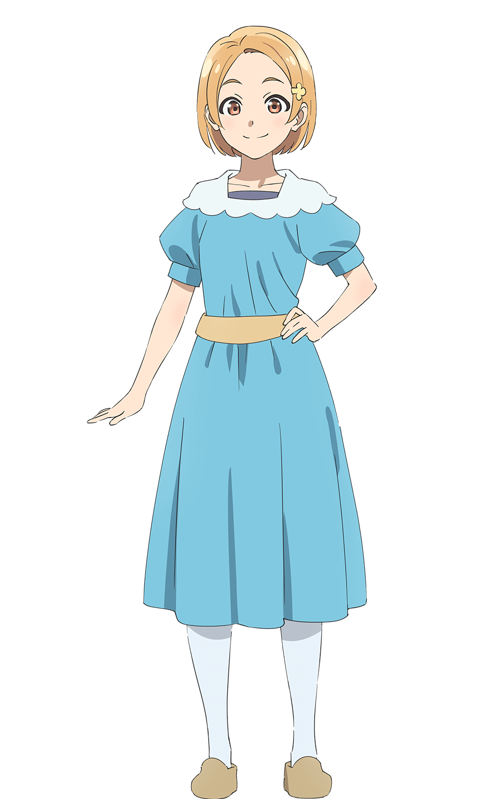 1girl, blue_dress, blue_socks, brown_shoes, closed_mouth, clover_hair_ornament, collarbone, dress, full_body, genjitsu_no_yohane, hair_ornament, highres, looking_at_viewer, love_live!, love_live!_sunshine!!, medium_dress, mito_(genjitsu_no_yohane), official_art, orange_hair, puffy_short_sleeves, puffy_sleeves, shoes, short_hair, short_sleeves, simple_background, smile, socks, solo, split_mouth, tachi-e, takami_mito, transparent_background