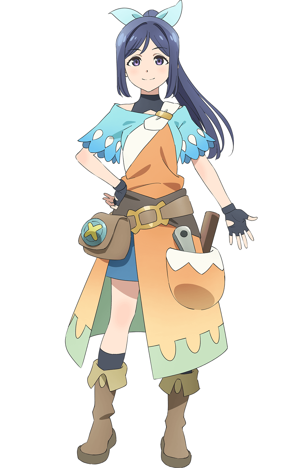 1girl, black_gloves, black_socks, blue_hair, blue_shirt, boots, brown_bag, brown_boots