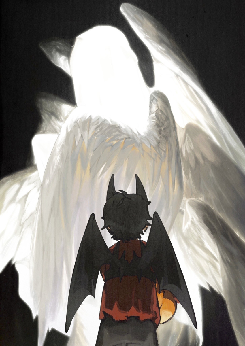 1boy, 1other, 7enn, aged_down, angel, angel_wings, black_background, black_hair