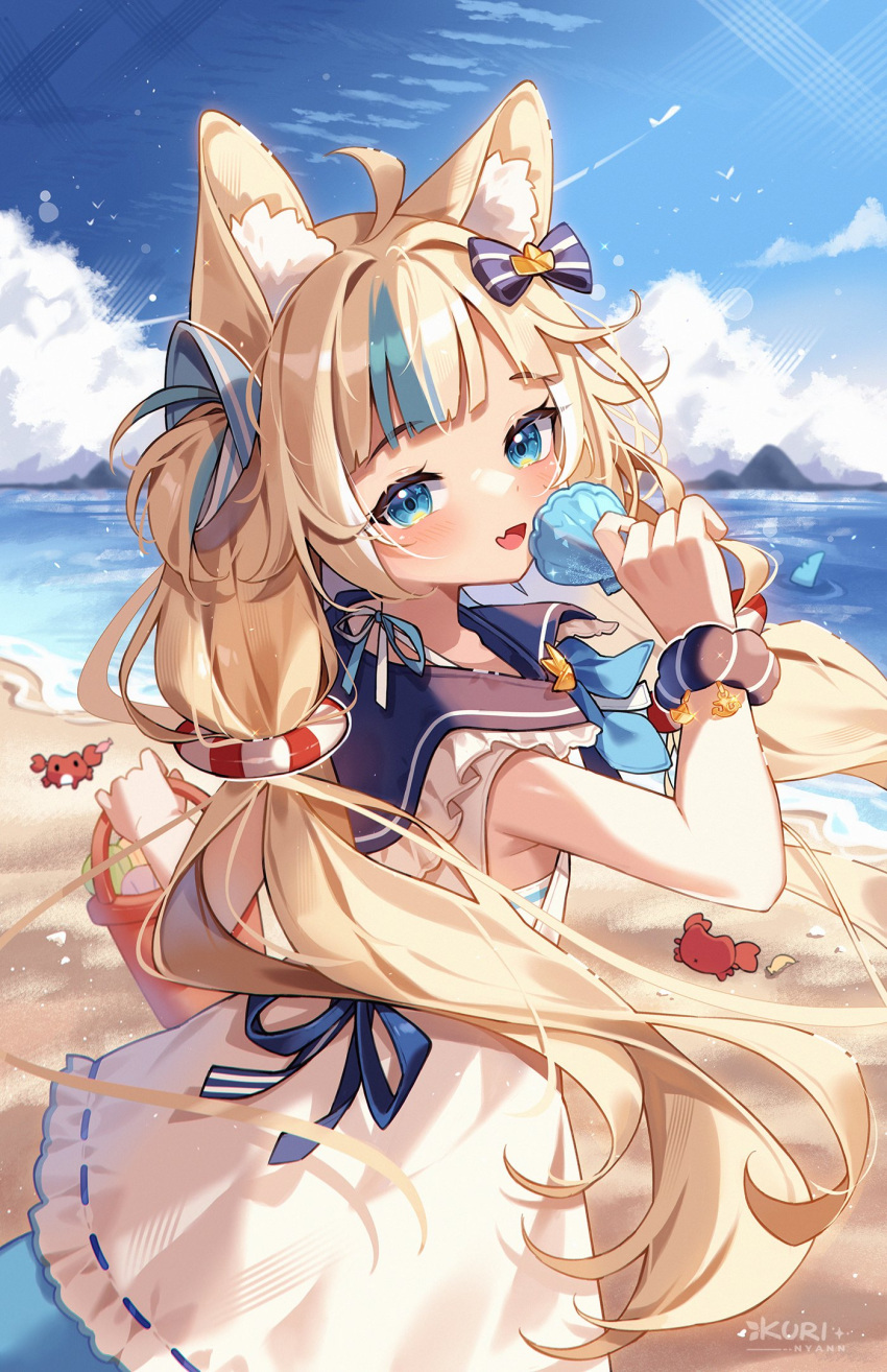 1girl, :d, ahoge, animal_ear_fluff, animal_ears, beach, bikini, bikini_under_clothes