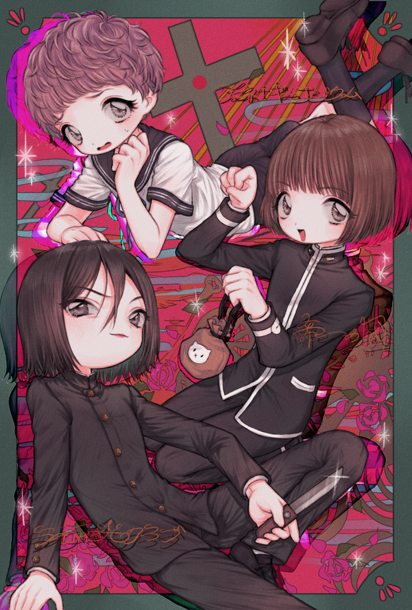 1girl, 2boys, amane_gymnasium, black_shoes, black_socks, border, brown_eyes, brown_hair