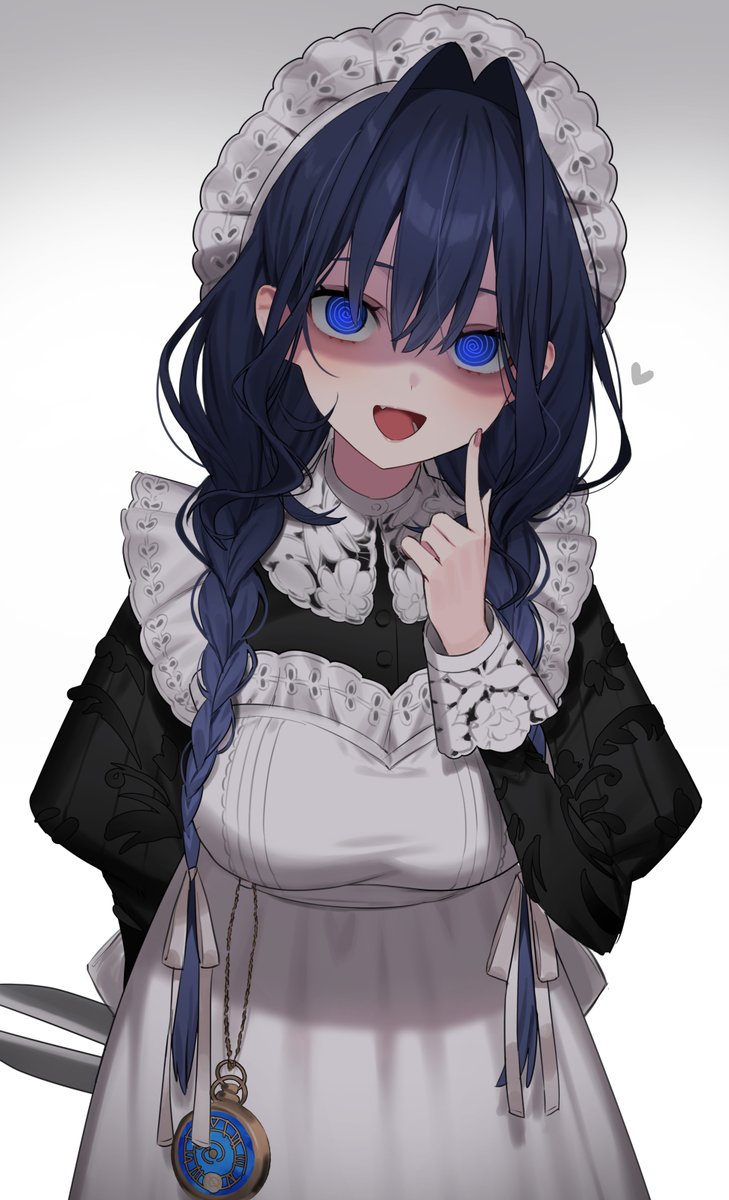 1girl, aotake_iro, apron, black_dress, black_hair, blue_eyes, braid, dress