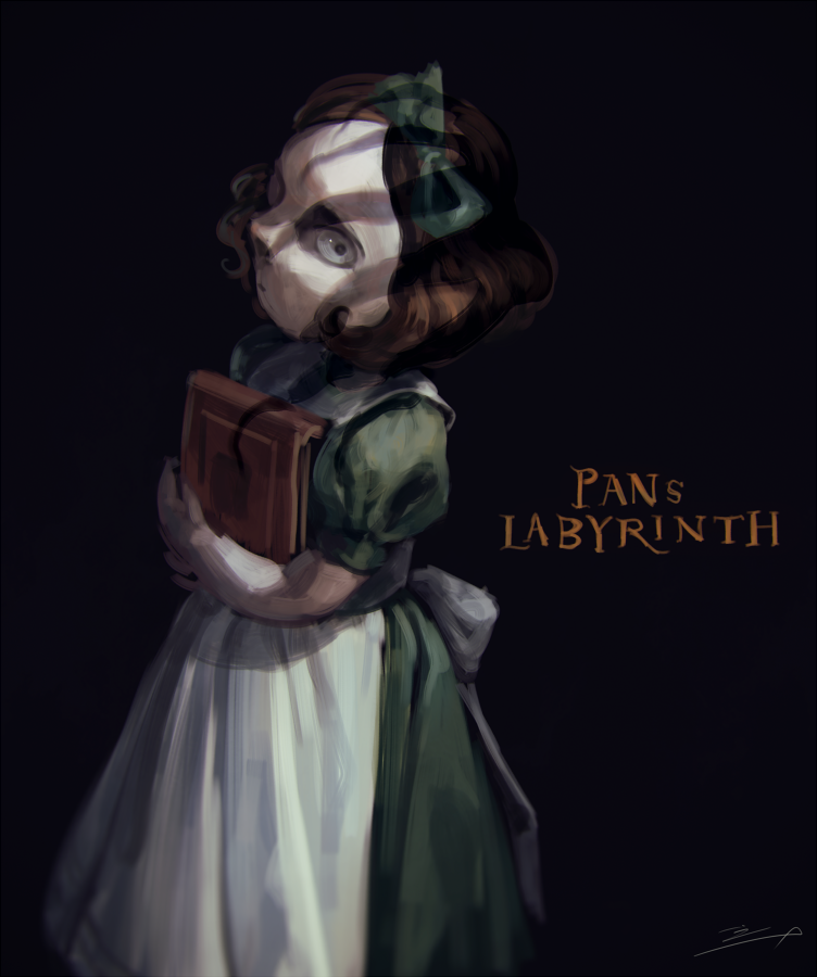 1girl, apron, black_background, black_eyes, book, bow, brown_hair, copyright_name, green_bow, holding, holding_book, koto_inari, looking_at_viewer, ofelia, pan's_labyrinth, puffy_short_sleeves, puffy_sleeves, short_hair, short_sleeves, simple_background, solo, upper_body, white_apron