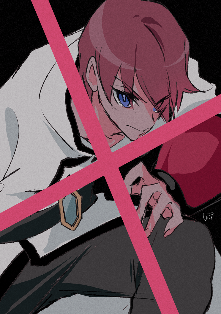 1boy, alternate_eye_color, belt, black_background, black_belt, blue_eyes, braid, closed_mouth