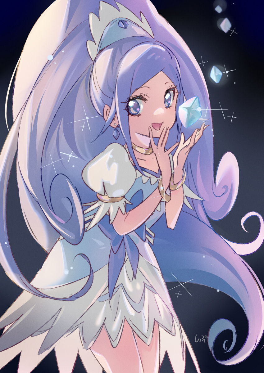 1girl, black_background, blue_bow, blue_dress, blue_eyes, blue_hair, blue_hairband, bow