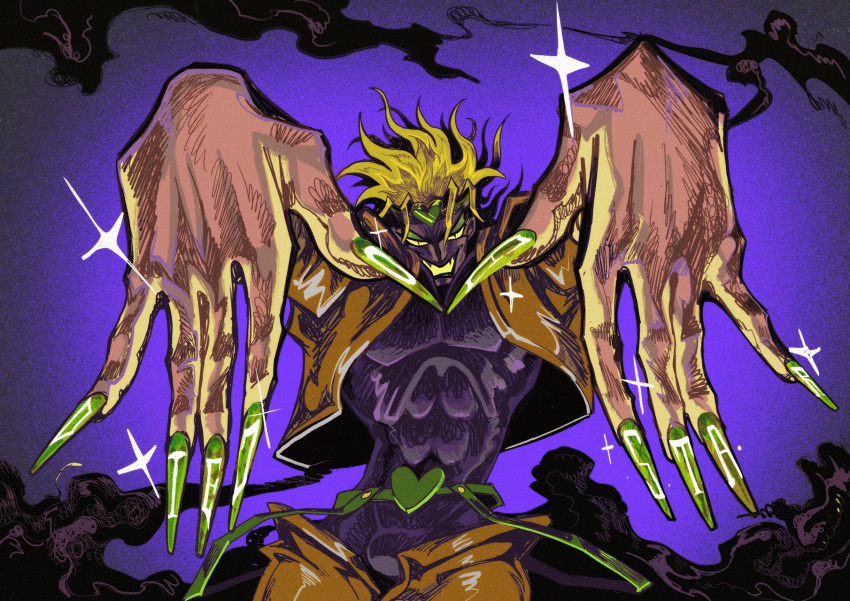1boy, abs, belt, blonde_hair, bulge, colored_teeth, dio_brando, green_nails, headband, highres, jacket, jojo_no_kimyou_na_bouken, male_focus, muscular, nepook, open_clothes, open_jacket, smile, solo, stardust_crusaders, very_long_fingernails, yellow_teeth