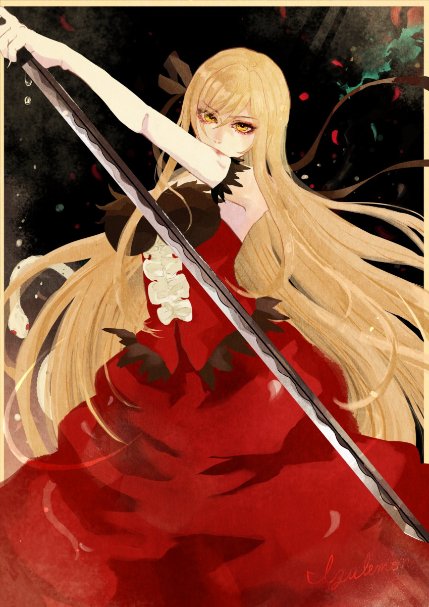 1girl, blonde_hair, dress, elbow_gloves, feather-trimmed_gloves, gloves, highres, holding
