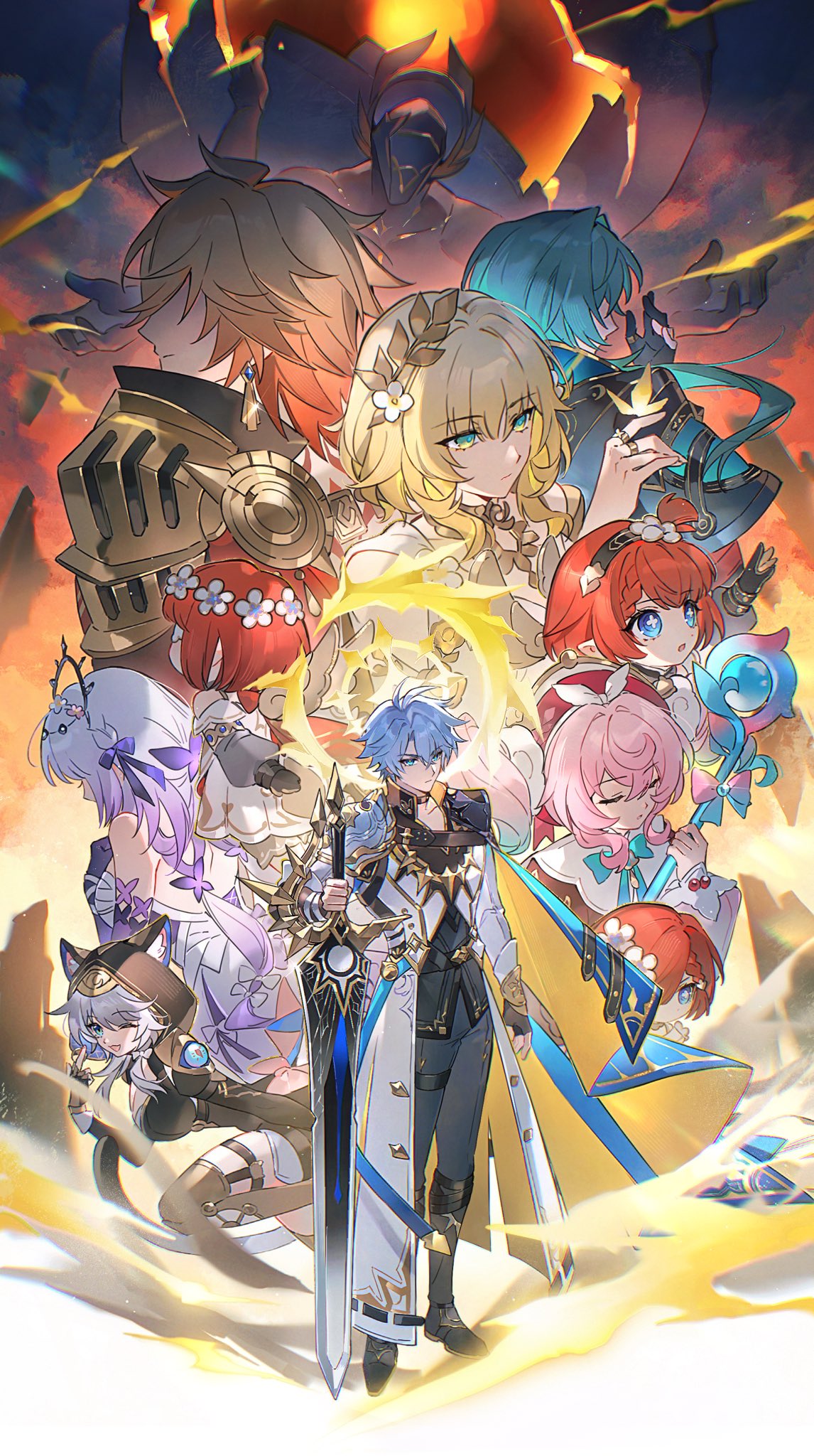 3boys, 6+girls, aglaea_(honkai:_star_rail), anaxa_(honkai:_star_rail), animal_ears, antenna_hair, aqua_eyes, aqua_hair