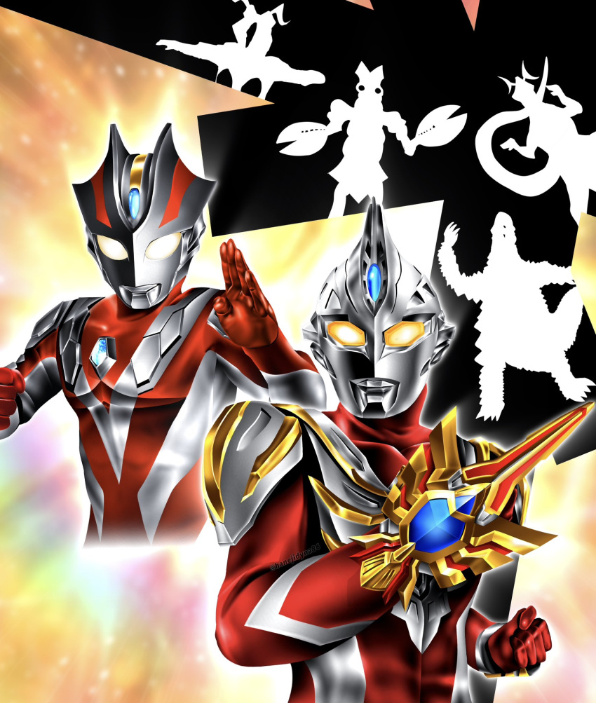 2boys, alien, arm_guards, armor, baltan_seijin, blue_gemstone, breastplate, clenched_hand