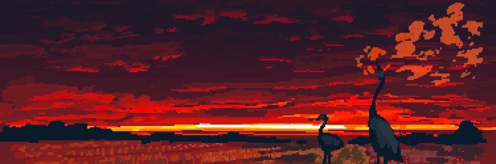 bird, glowing, goose, hisachan55cute, horizon, mountainous_horizon, no_humans, original, pixel_art, red_clouds, red_sky, red_theme, rice_paddy, scenery, silhouette, sky, sky_focus, sunset