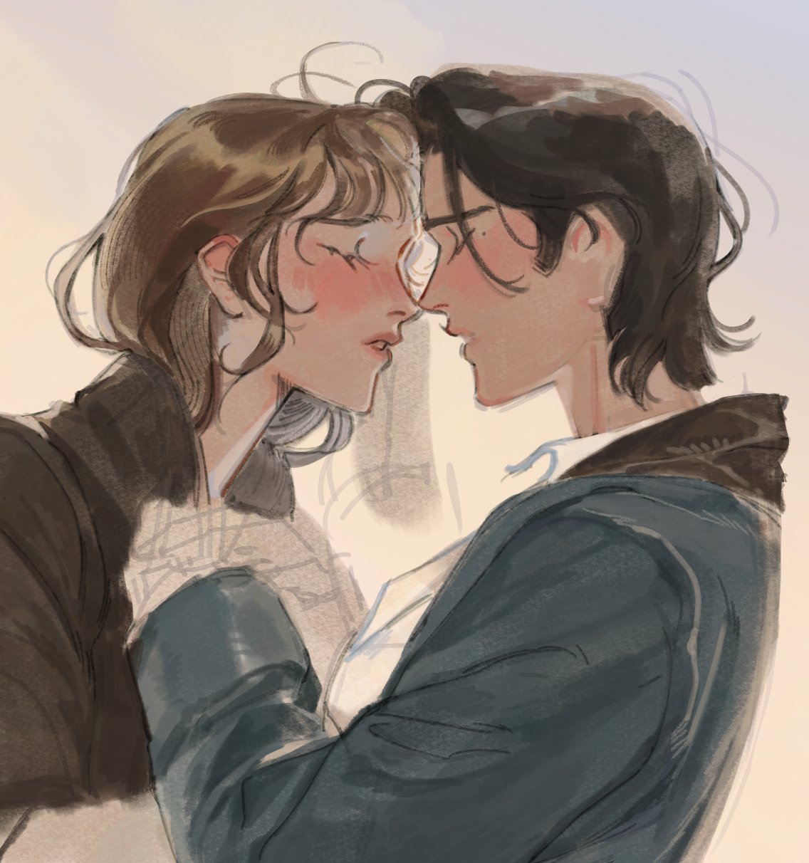2girls, black_hair, black_jacket, blue_jacket, brown_hair, closed_eyes, commentary, elizabeth_bennet