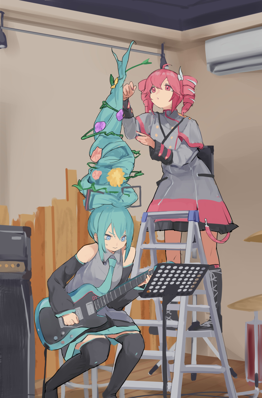 2girls, :o, absurdly_long_hair, ahoge, alternate_hairstyle, bare_shoulders, belt, black_belt