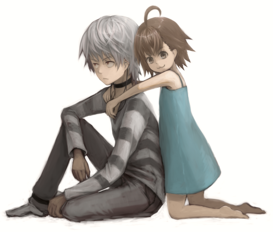 :3, accelerator, ahoge, brown_hair, choker, dress, hug, last_order
